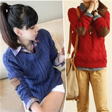 秋冬新款复古麻花补丁袖韩版圆领套头修身针织衫打底毛衣女装