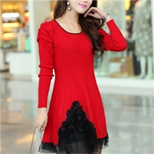 2013秋冬新款韩版女式下摆烫钻蕾丝花边中长款针织衫毛衣裙