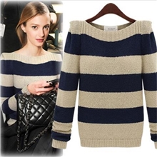 秋冬新款欧美一字领条纹套头打底衫针织衫宽松长袖毛衣女装批发