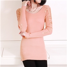 2013秋冬女装针织衫新款韩版中长款毛衣圆领蕾丝修身弹力打底衫