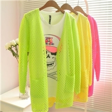 秋装韩版新款女款针织衫中长款无扣开衫宽松镂空毛衣罩衫