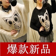 招财猫独家秋冬新款韩版猫头鹰马海毛蝙蝠袖宽松毛衣