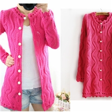 2013新款韩版珍珠扣镂空开衫长版钩花领气质毛衣