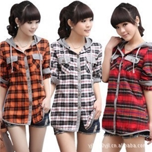2013秋装新款女上衣韩版少女学生装连帽卫衣长袖大码格子衬衫