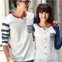 实拍情牛仔拼接情侣装秋装新品2013学院风打底衫长袖T恤休闲韩版