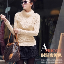 2013秋装新款韩版打底衫气质修身显瘦加厚兔毛领蕾丝打底衫