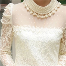 2013秋冬新款修身加绒加厚圆点钉珠网纱珍珠领长袖蕾丝衫打底衫