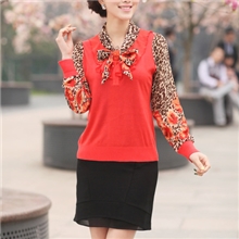 供应2013春装新款女士长袖T恤韩版女装蝴蝶结豹纹修身t恤衫