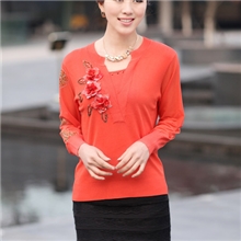 精品推荐爆款女式弹力大码T恤长袖纱袖手工钉花假两件女装