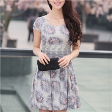 厂家直销夏季爆款圆领修身雪纺连衣裙印花连衣裙