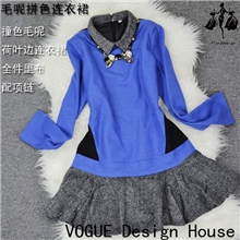 欧美大牌时装走秀款2013秋装新款女装气质时尚毛呢裙子撞色连衣裙