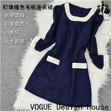 2013秋冬女装欧美大牌同款通勤名媛气质时尚毛呢钉珠连衣裙走秀款