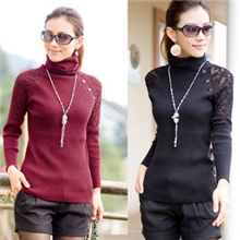 高品质秋装新款蕾丝纽扣长袖高领女式长款加厚打底毛衣批发08