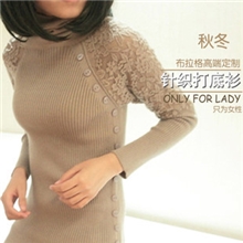 秋季新款女装套头韩版蕾丝中长款针织打底衫高领打底毛衣加厚