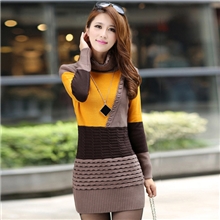 直销2013秋冬必备新品长款打底毛衣裙打底衫撞色高领加厚毛衣