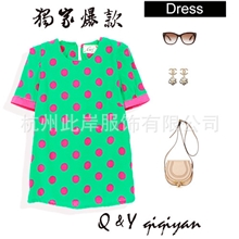 QY厂家热销-2013人气甜美短袖灯笼袖波点玫红撞色雪纺衫上衣独家