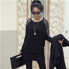 011#韩版新款大码豹纹拼接长袖T恤秋装女士长款蝙蝠衫宽松上衣