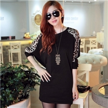 5011#韩版新款大码豹纹拼接长袖T恤秋装女士长款蝙蝠衫宽松上衣