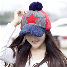 女士百搭毛线帽子鸭舌帽批发韩版秋冬季时尚五角星毛绒棒球帽