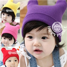 韩版儿童针织细毛线牛角帽子护耳帽子宝宝毛线帽秋冬帽