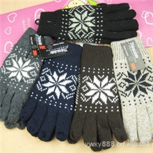 冬季保暖加绒加厚男士雪花五指手套男式毛线针织分指手套批发