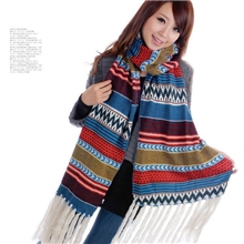 女小爸爸马伊琍同款波西米亚民族风流苏针织毛线提花围巾披肩批发