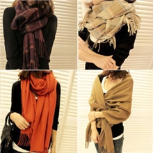 批发韩版韩国秋冬天女士羊绒毛线围脖披肩两用超长格子围巾