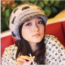 韩版护耳可爱女士兔毛帽子双层带檐毛线帽针织帽女帽潮人秋冬天