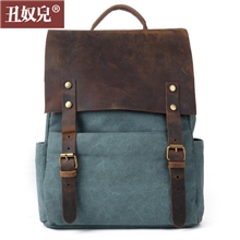 2013新款帆布配疯马皮包双肩包休闲包女包复古包帆布包批发