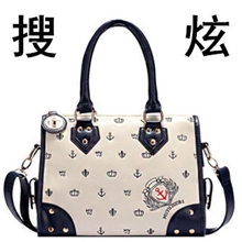 2013新款pu时尚休闲包刺绣徽章海军风单肩包斜挎包铆钉转锁女包