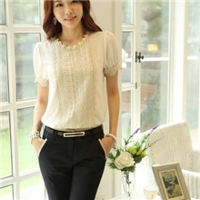 2013夏装新款韩版泡泡短袖白色花边蕾丝雪纺衫批发供应