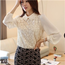 2013瑞丽春夏新款女式女装蕾丝拼接雪纺手工钉珠娃娃领长袖衬衫
