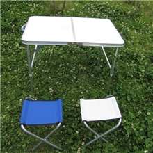 厂家直销热卖手提式铝合金折叠桌椅套装便携广告桌银白玫红折叠桌