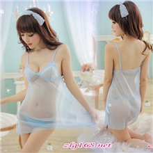 0633蓝色情迷吊带睡裙透明内衣诱惑情侣套装配送T裤