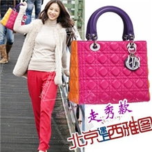 代发款三色拼色棱格纹PU单肩手提戴妃包