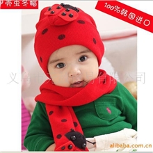 秋冬款儿童甲壳虫帽瓢虫帽宝宝毛线帽子+围巾套装/质量好款