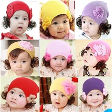 韩国秋冬保暖女花朵护耳帽婴儿童卡通宝宝假发套头帽子