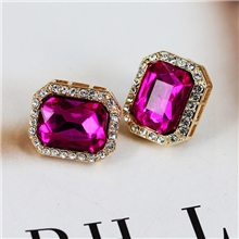 韩式大红色镶捷克钻耳饰方形仿锆石镀18K真金耳钉