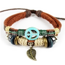 混批G0088C天然石和平标志牛皮手链真皮男士手链饰品批发