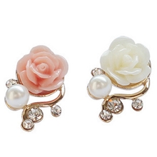 12676优雅玫瑰花闪钻珍珠树枝耳环女韩国高档耳钉