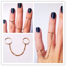 欧美外贸原单饰品铜细戒指流苏链条双指戒指女