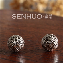 925纯银泰银配件10MM镂空梅花花朵银球串珠手链配件DIY配件