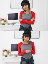 女装韩国进口againpeco时尚拼色长袖T恤CT33553/现货/红色/黑色