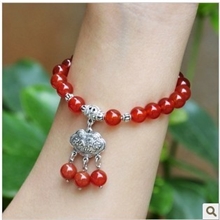 饰品厂家直销民族风手链批发天然红玛瑙苗银长命锁手链原创