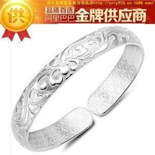 镀925千足银纯银手镯女爱若繁花手镯宽时尚银饰品现货批发