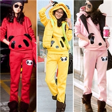 熊猫三件套连帽休闲套装可爱熊猫图案抓绒加厚女士卫衣三件套