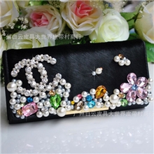 双C镶钻钱包真皮马毛钱包女士钱包淑女带钻钱包厂家批发0916珍珠