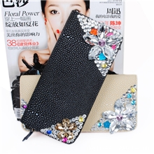 厂家直销韩版定制手工镶钻真皮鱼珠纹女士镶钻钱包A003