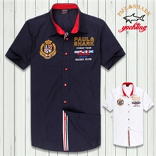 13夏款新款鲨鱼衬衫PaulShark时尚英伦风刺绣男装短袖古老衬衣