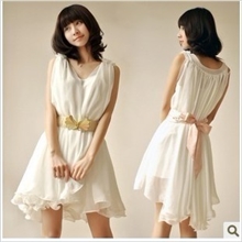 8377荷叶边纯色白色连衣裙雪纺裙子（金属腰带+5块）